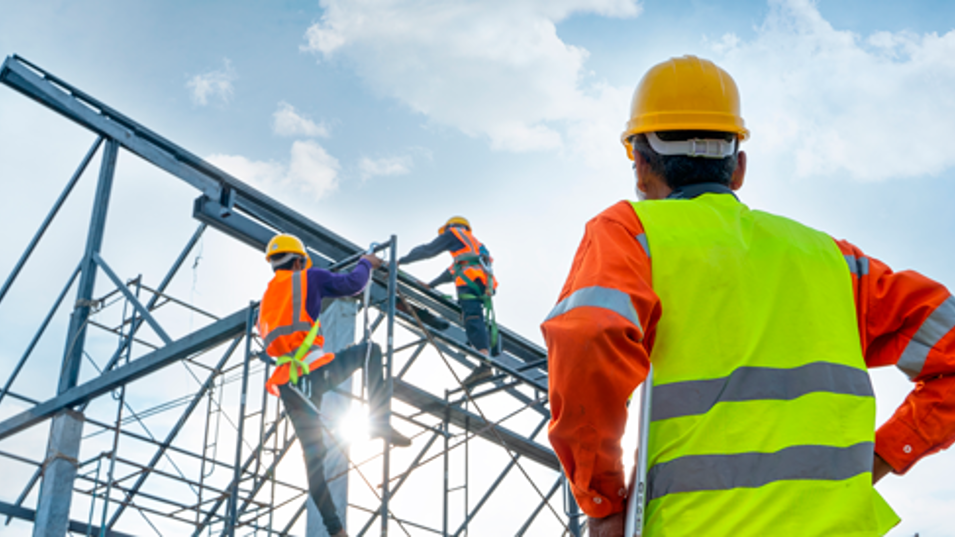 Kollega kigger på stillads med stilladsarbejdere